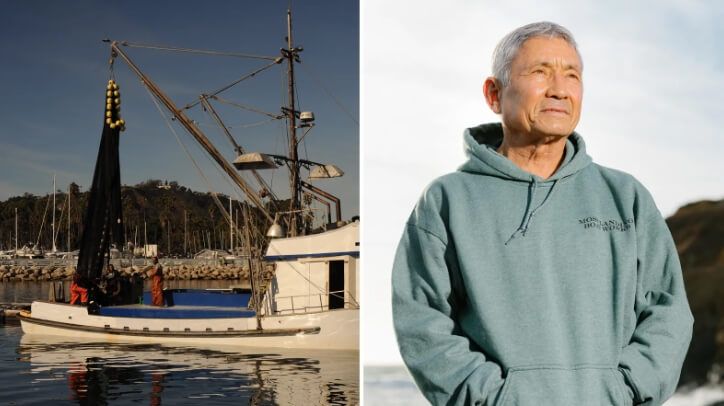 Left: A fishing boat in Santa Barbara. Right: Dick Ogg is 69 years old and has been at sea all his life. He is one of the fishermen working with the San Francisco team to protect whales